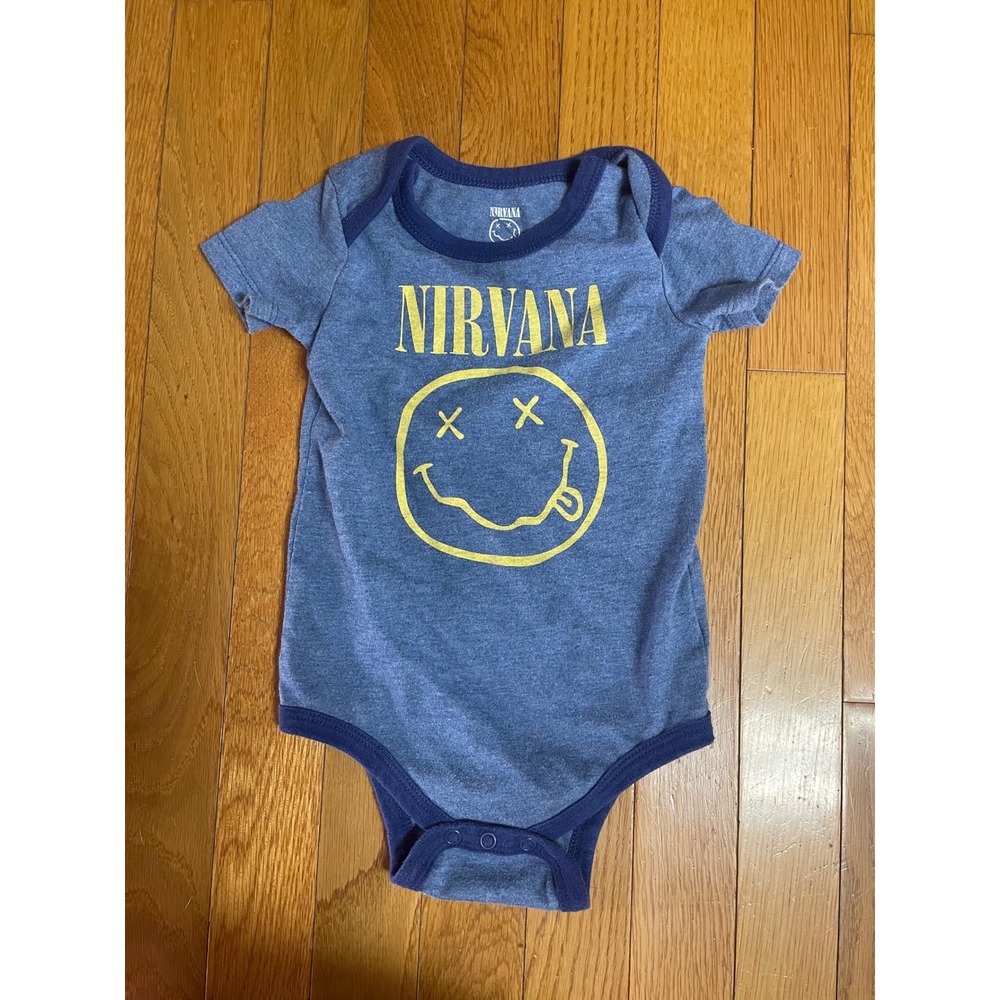 Nirvana Baby Bodysuit 18M Blue Heather Smiley Face Logo Rock Band Tee Infant